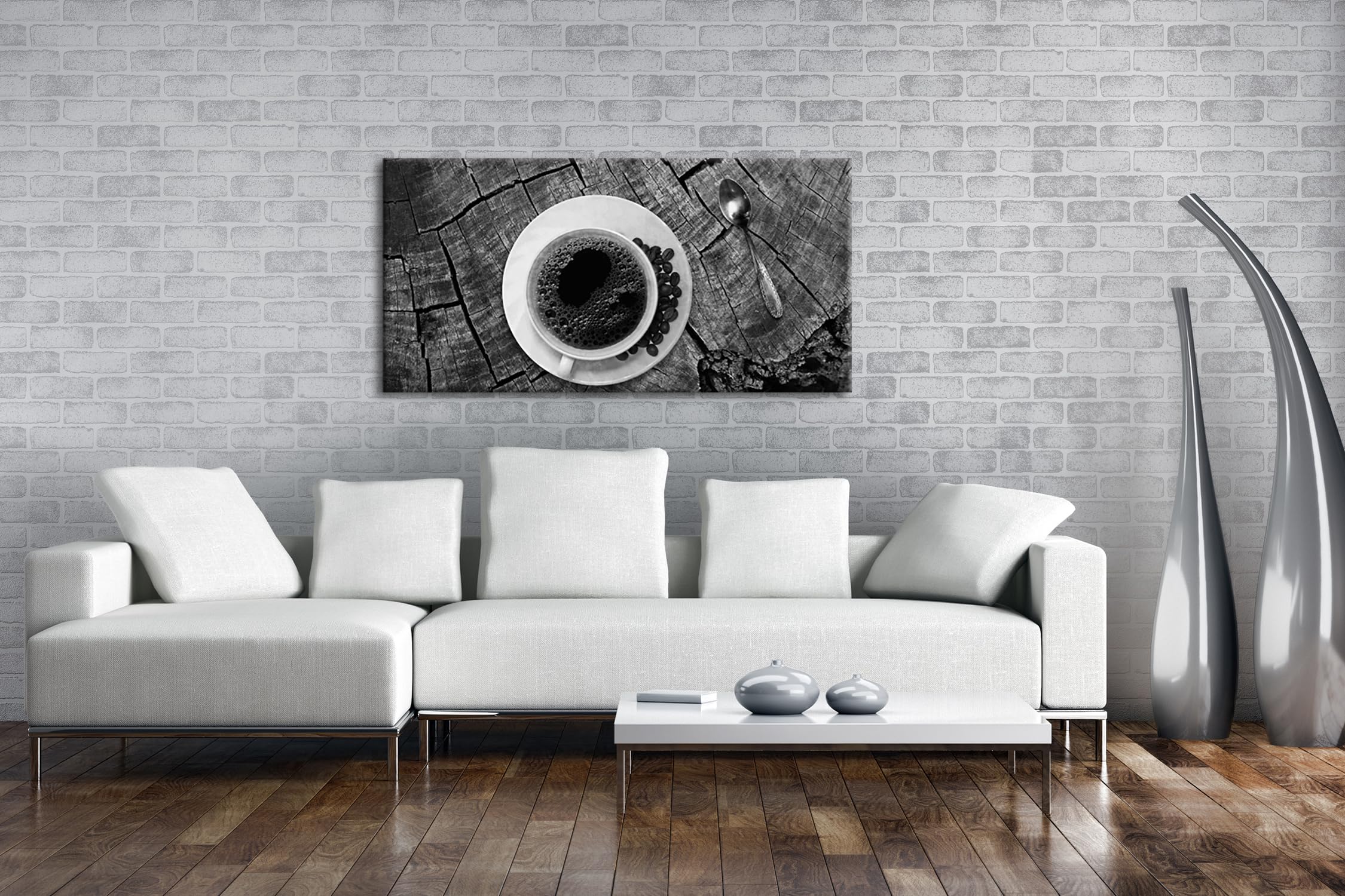 Magnífico café de la mañana panorámico 100 x 50 cm, efecto: negro/blanco como lienzo, diseño listo enmarcado en marco de madera auténtica, impresión digital de alta calidad con marco