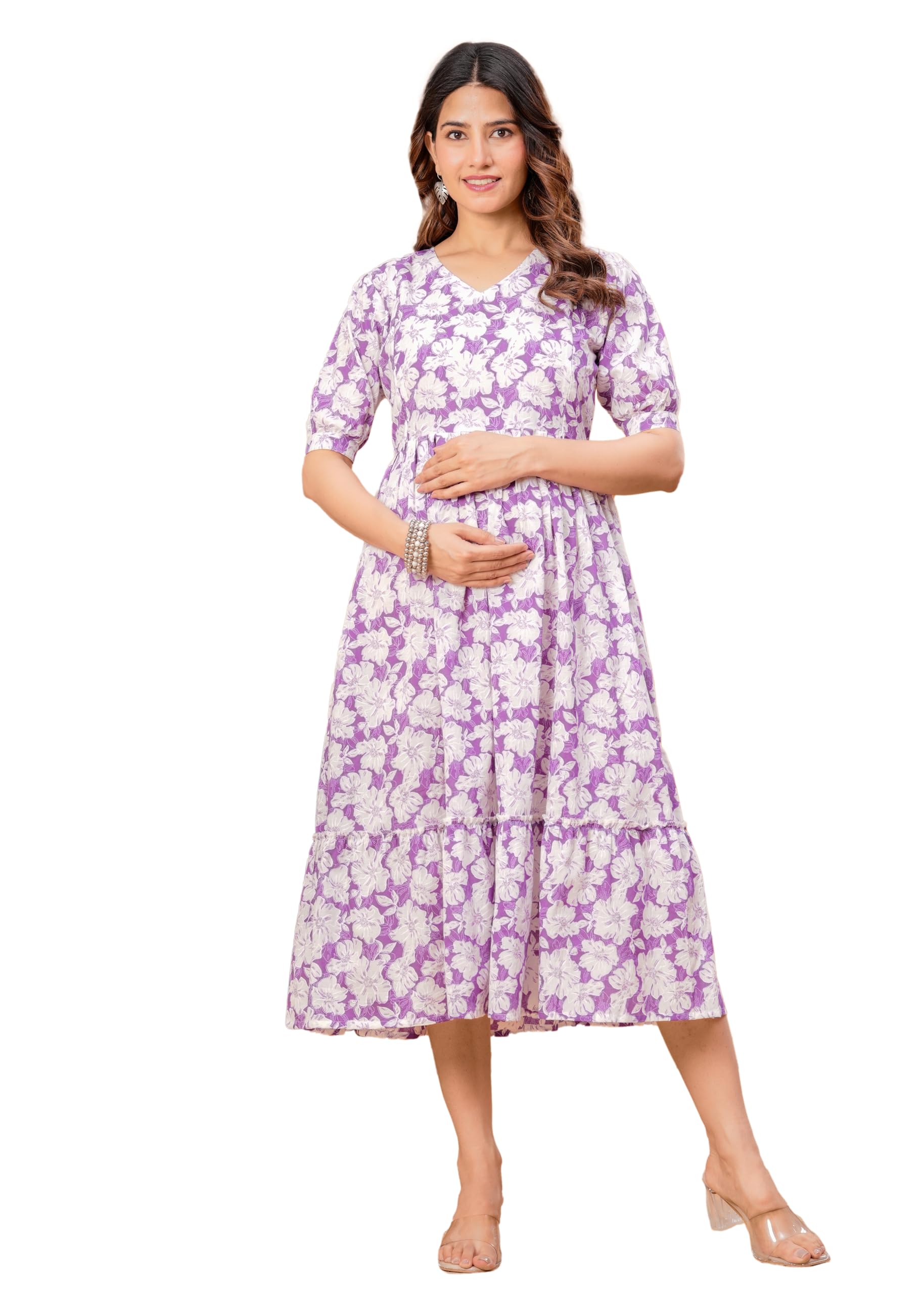Elegant Pure Cotton Maternity Kurti for Women with All Over Print | Ethnic Feeding Dress with Zip Access | Stylish Flare Long Kurta for Comfortable