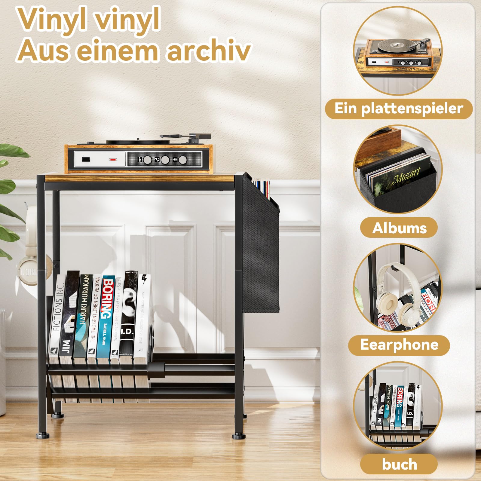 Supporto in Vinile per Dischi e Giradischi, Tavolo in Legno e Metallo, Fino a 80 LPs, con Ruote e Sacchetto di Stoffa Organizzatore (Nero)