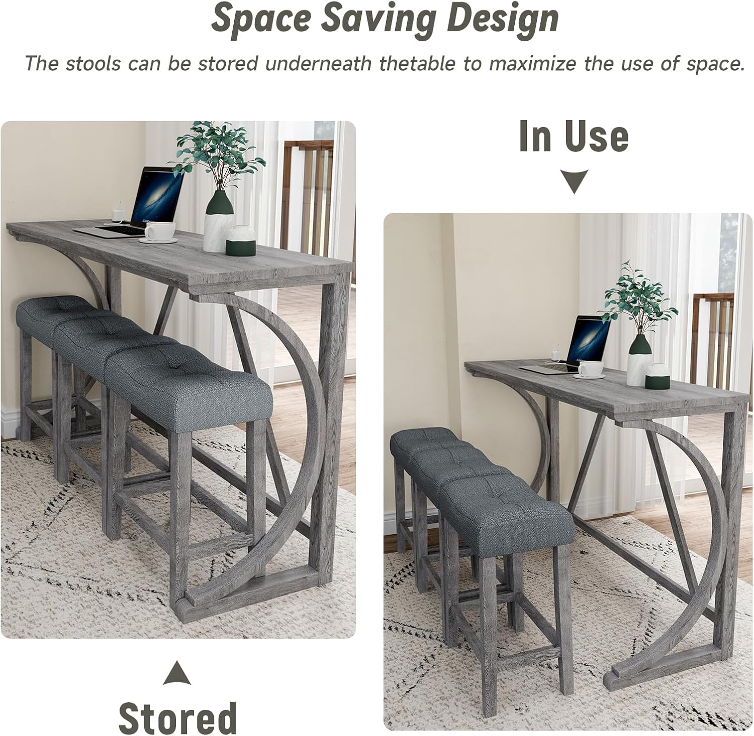 4 Piece Bar Table Set with Power Outlet, 59'' Dining Bar Table and Chairs Set, Industrial Breakfast Table with 3 Padded Stools for Living Room Dining Room Game Room Grey