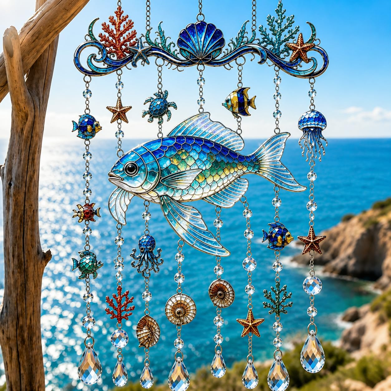 Ocean-Themed Crystal Wind Chime -Sparkling Ocean Escape to Your Garden,Stained Acrylic Sea Turtle Whale Dolphin Hanging Suncatcher with Prism Drops,Wind Chimes for Garden Yard Patio Porch Window