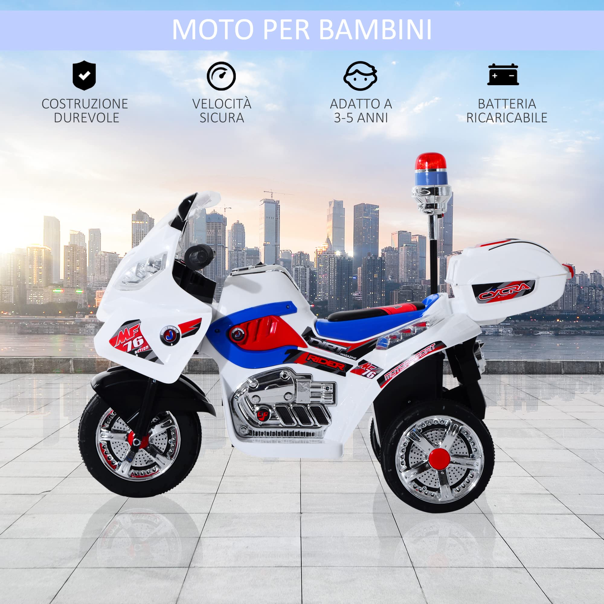 HOMCOM Moto Elettrica per Bambini 3-5 Anni 3 Ruote Musica 112×51×72.5cm