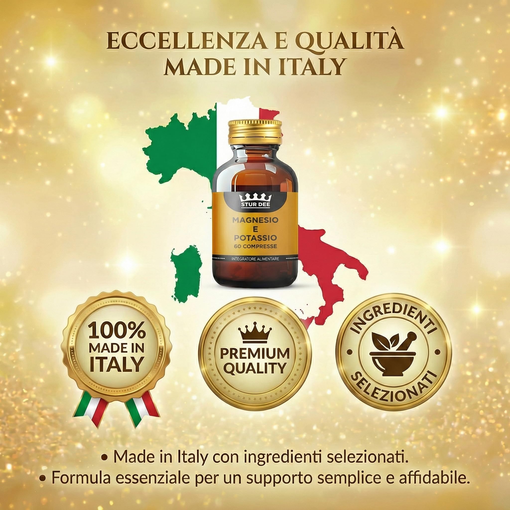 Magnesio e Potassio – Integratore Magnesio e Potassio senza zucchero, Sali Minerali Supporto Energia e riduce la stanchezza, Funzione Muscolare e Sistema Nervoso - 60 Compresse Stur Dee