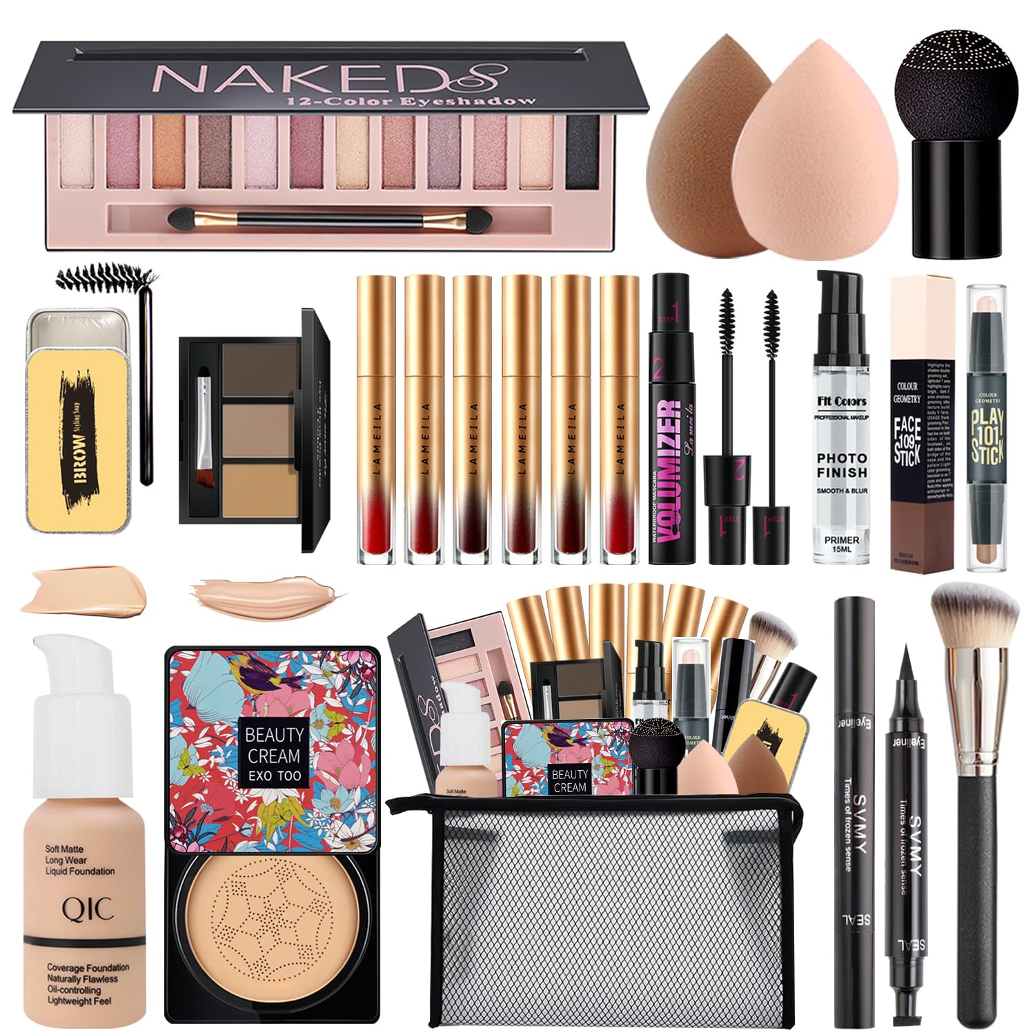 Naked All in One Makeup Kit – Includes Eyeshadow Palette, Liquid Foundation, CC Cream, Lipstick Set, Mascara, Makeup Brush, Sponge, Eyebrow Powder, Eyeliner Stamp, Primer, Contour Stick, Cosmetic Bag
