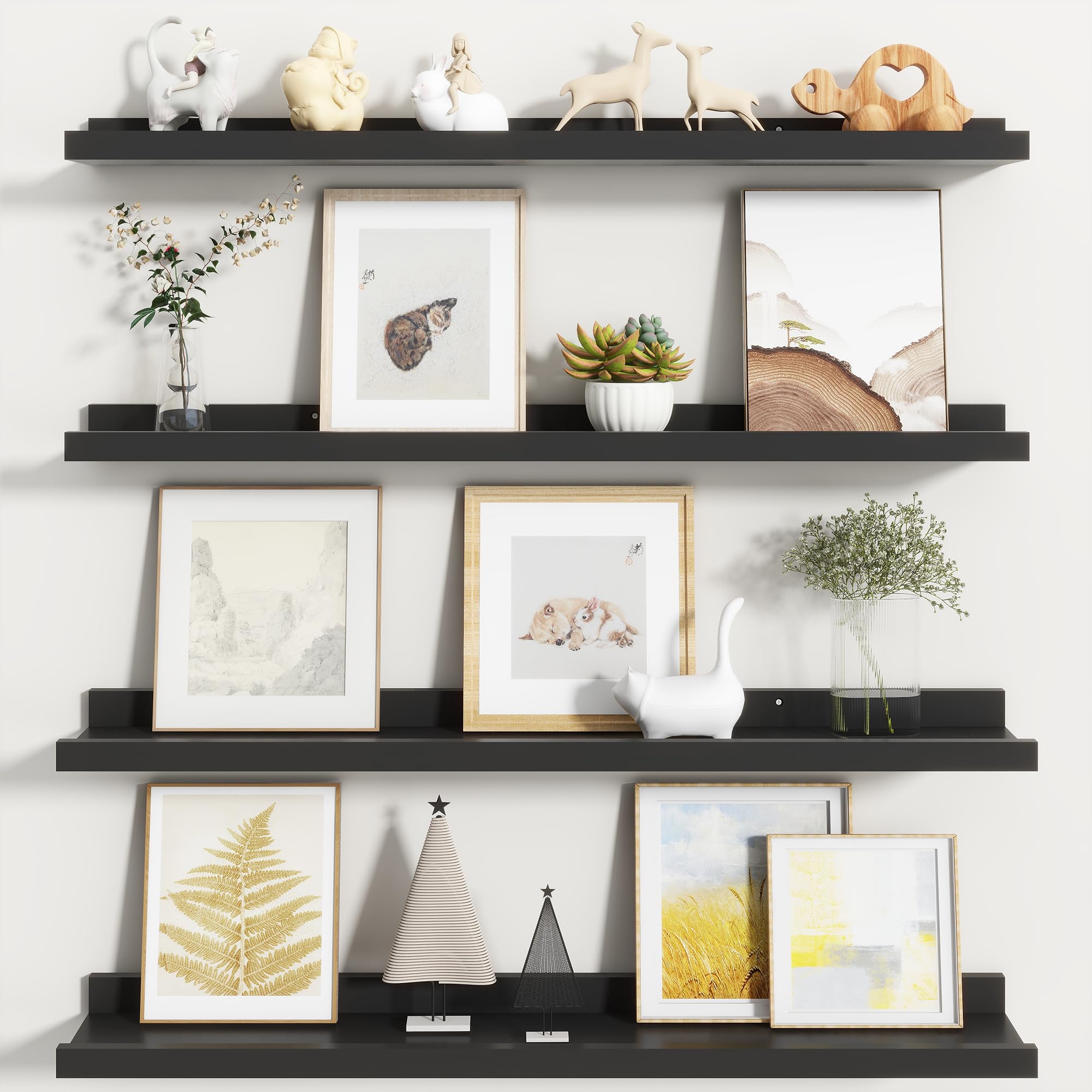Fun Memories Picture Ledge Shelf, Black Floating Shelves Set of 4, 32 Inch Picture Shelves for Wall with Ledge, Large Nursery Book Shelf for Toys Storage, Living Room, Bedroom Decor Frames
