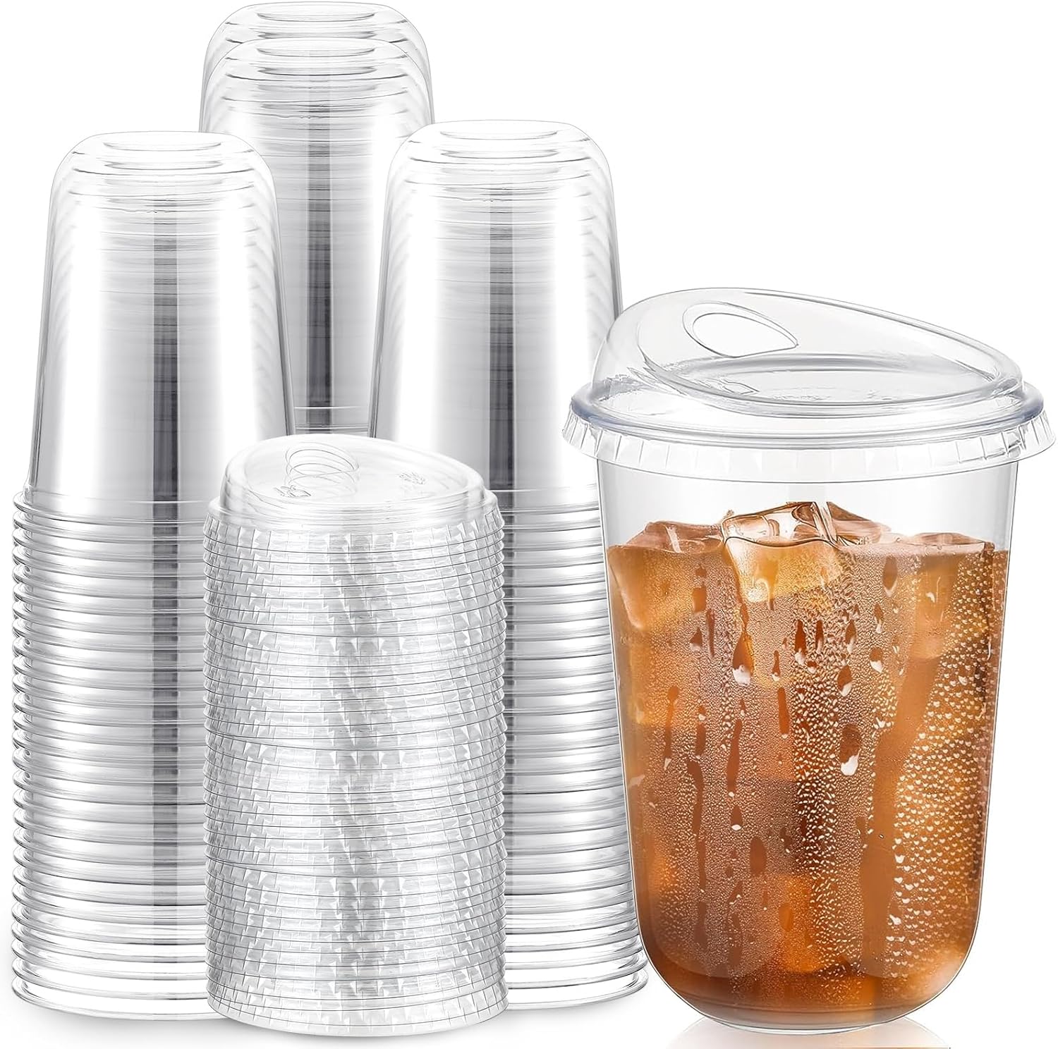 Baderke 100 Pcs Plastic Cups with Sip Lids Round Bottom Disposable Plastic Coffee Cups with Lids Clear Strawless Crystal Mugs for Iced Coffee Smoothie Cold Beverage Party Catering Supplies (16 oz)