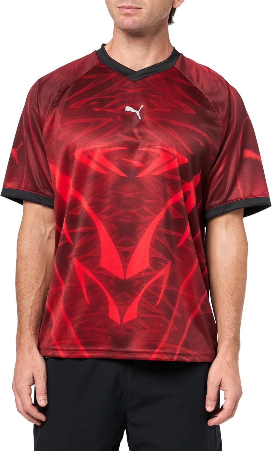 PUMA Mens Pumatech-X All Over Print Relaxed V Neck Short Sleeve Jersey Casual - Black