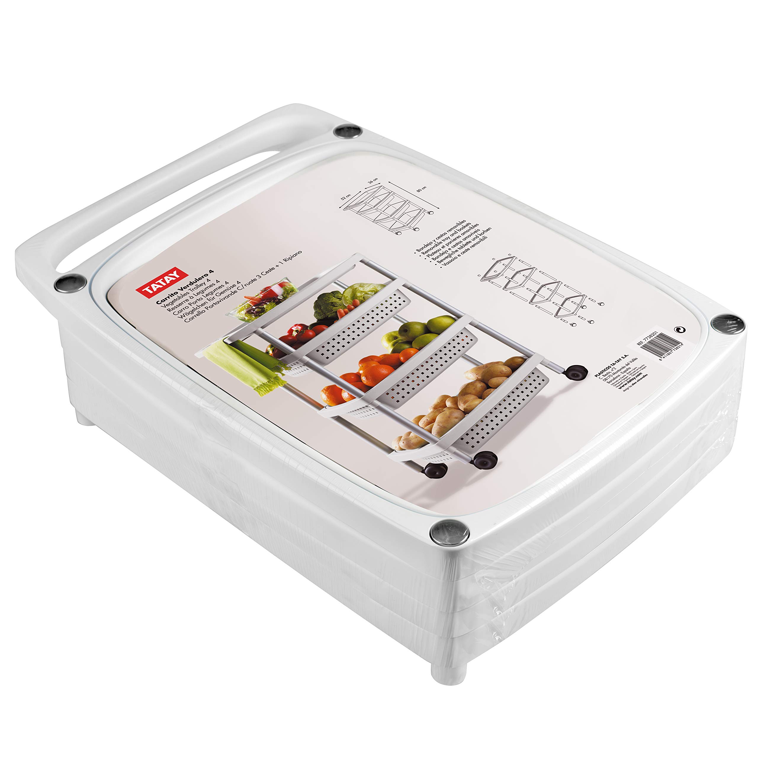 TATAY Carrello portaverdure a Senza BPA Realizzato in materiale plastico | Carrello portaverdure a | Misure 33x43x10,3 cm | Finitura Opaca Moderna | Carrello portaverdure a 4 livelli | Bianco opaco