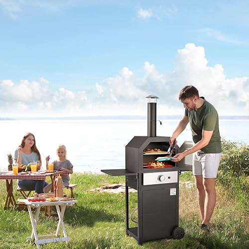 Miniatura 8 de HOMREST Parrilla de barbacoa de gas propano con termómetro, parrilla de barbacoa de 14,000 BTU con ruedas para cocina al aire libre, horno de pizza