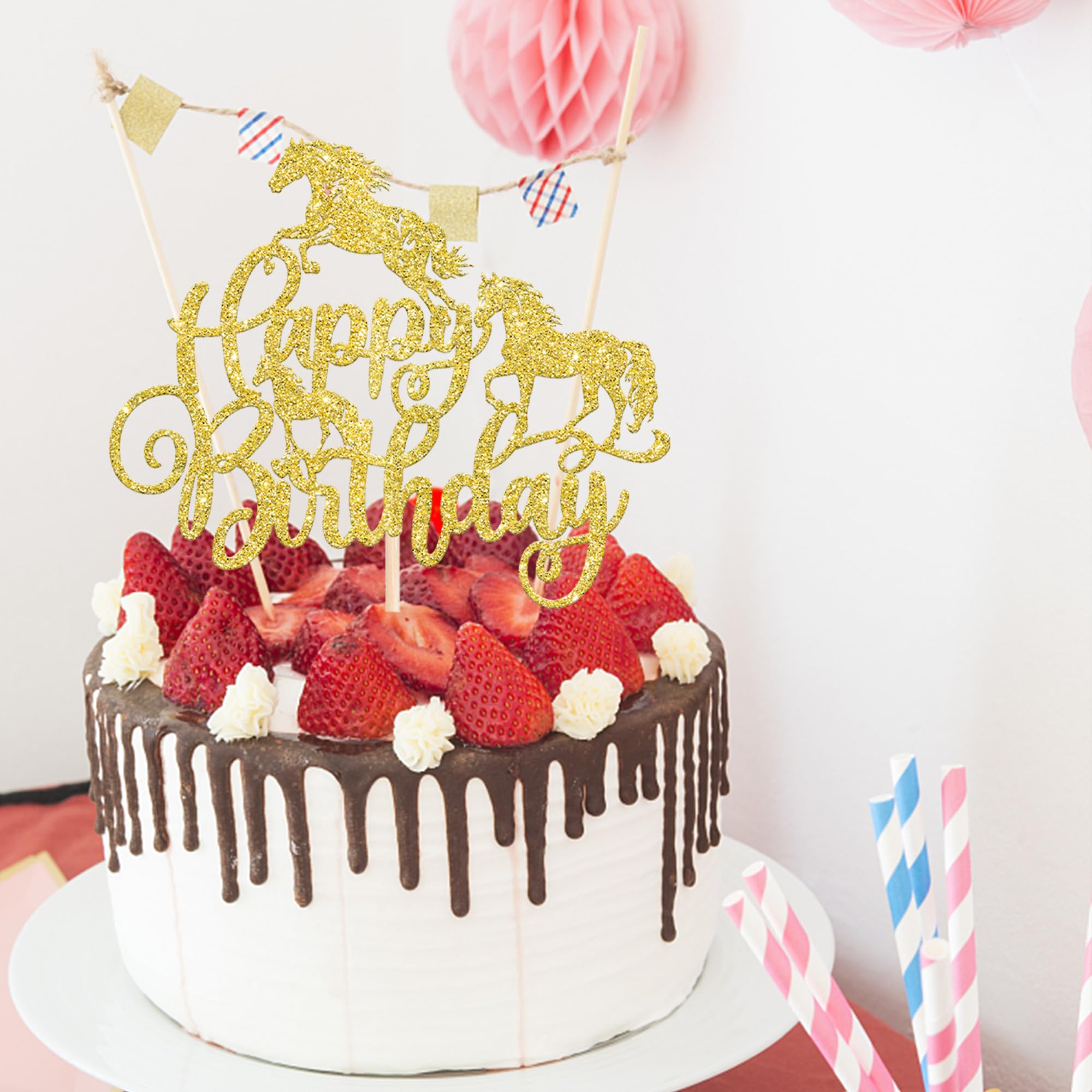 INNORU Horse Sign Hufeisen Cake Topper - Gold Glitter, Ca. 13x12,5 Cm, Für Pferde-Partys, Geburtstag, Hochzeit Oder Western-Deko