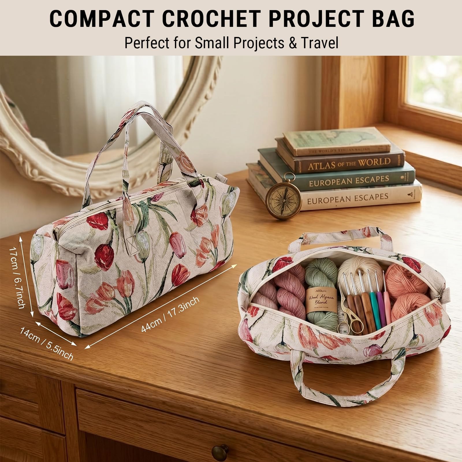Borsa per Maglieria, Borsa da Progetto Uncinetto per Viaggiare, Casa Tessuto Artigianato Aghi di Maglia Stoccaggio Maglione Aghi da Cucire Organizzatore Borsa Rose