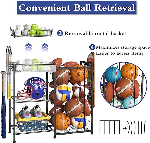 Miniatura 3 de Organizador de equipos deportivos, estante de almacenamiento de pelotas con correas elásticas y cesta extraíble para organización de garaje,