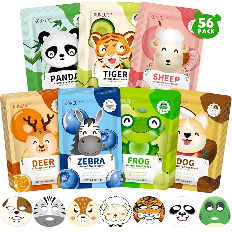 KONEUK Máscara Facial de Folha com Estampas de Animais, Pacote com 56 Unidades