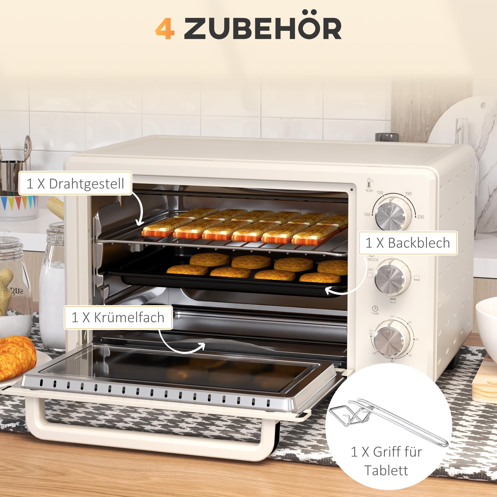 HOMCOM Mini forno, 21 l, 1400 W, 100 – 230 ℃, 60 minuti, con teglia, teglia, griglia per finestre, forno per pizza, bianco crema