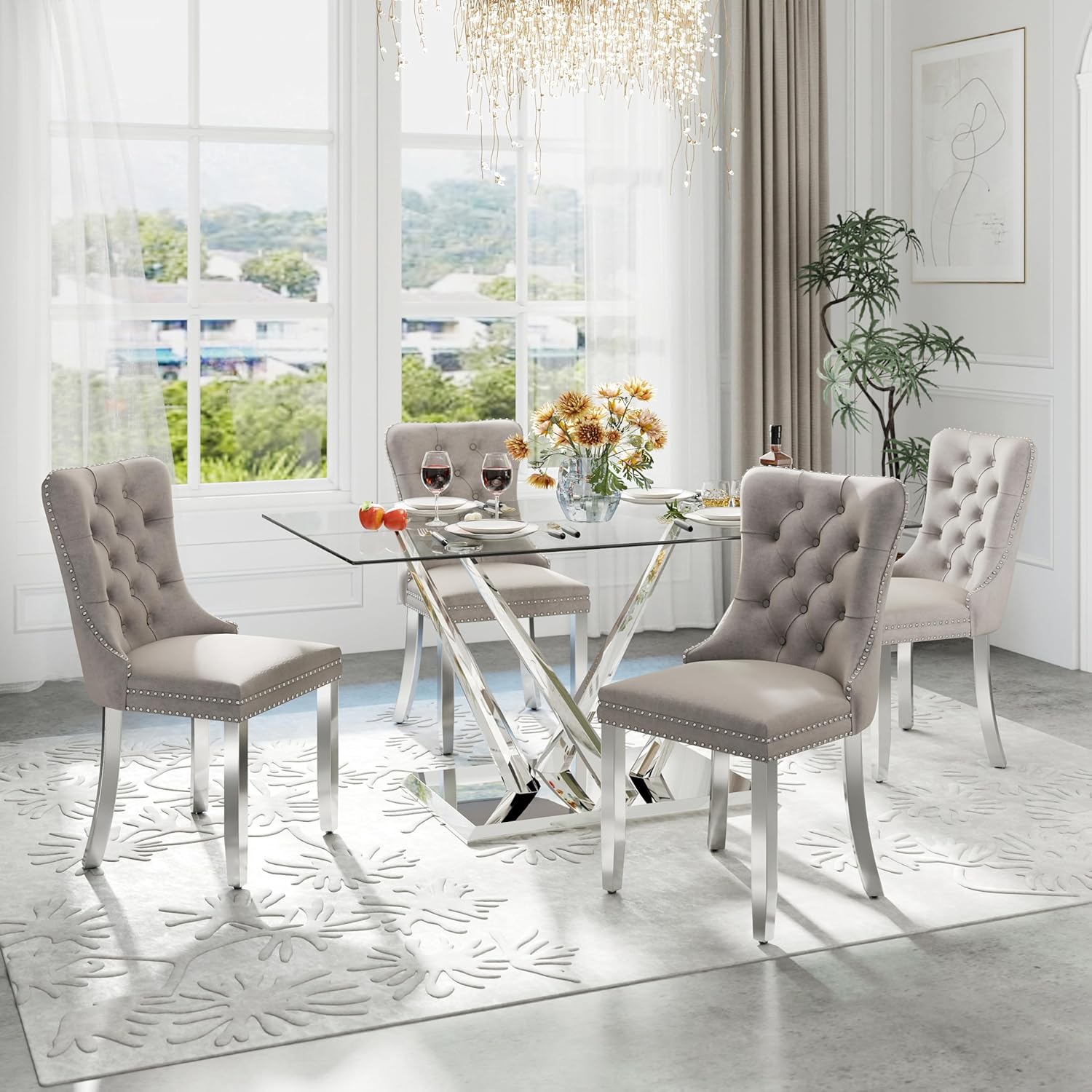 63'' Rectangular Glass Dining Table for 4-6, Luxury Kitchen Table with Tempered Glass and Aesthetic Silver Stainless Steel Base, Modern Dinner Table for Home, Apartment