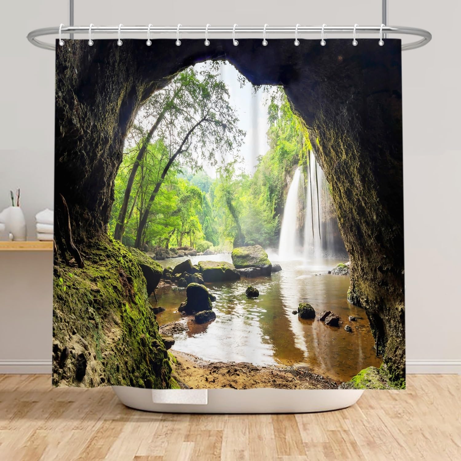 Xiaoterna Nature Shower Curtain Tropical Forest Green Tree Mould Proof Bathroom Curtain Spring Jungle Rainforest Waterfall Scenery Washable Shower Curtain Waterproof Bathroom Decoration 240x180cm - Image 3