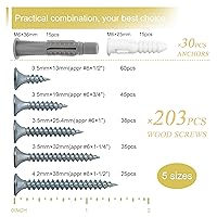 Vista 3 de Kit surtido de tornillos de madera de alta dureza y anclajes de pared de plástico, 203 tornillos de cabeza plana Phillips de 1/2 a 1-1/2 pulgadas