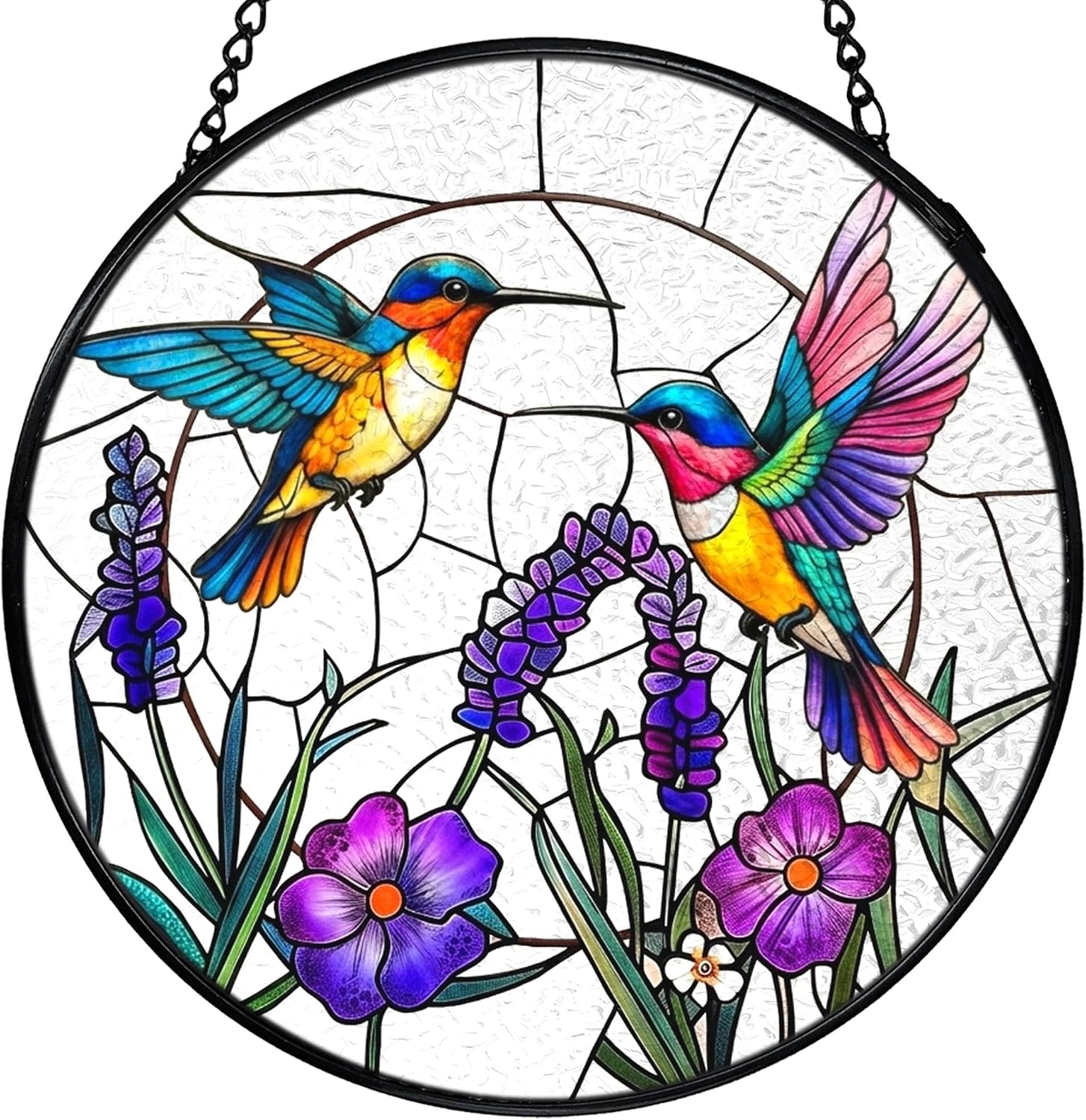 Hummingbird Flower Stained Glass Window Hanging, Bird Sun Catchers Indoor Window Round Glass Wall Art Decor, Cottagecore Botanical Flower Bird Suncatcher Wall Hanging Decorations, Lawn Care