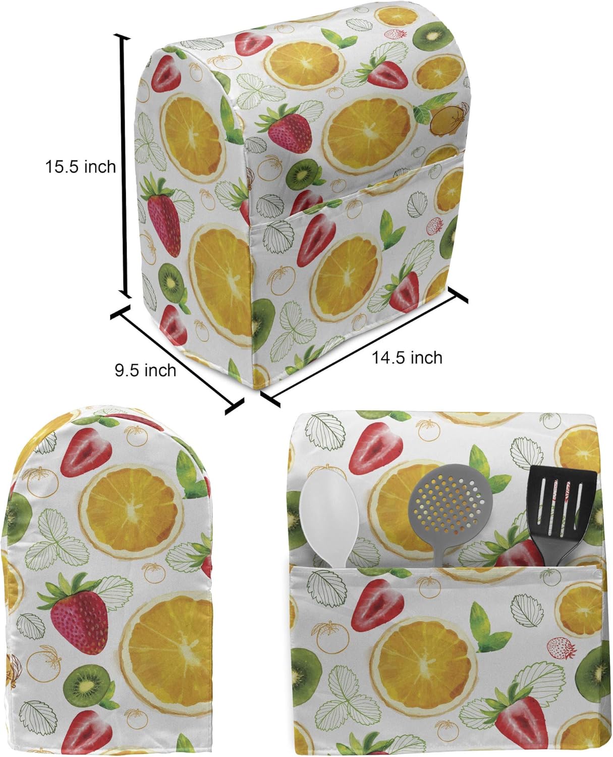 Ambesonne Fruits Stand Mixer Cover, Citrus Kiwi Lemon Leaves Apricot Watermelon Fresh Exotic Kitchen, Kitchen Appliance Organizer Bag Cover with a Pocket, 6-8 Quarts, Earth Yellow Lime Green