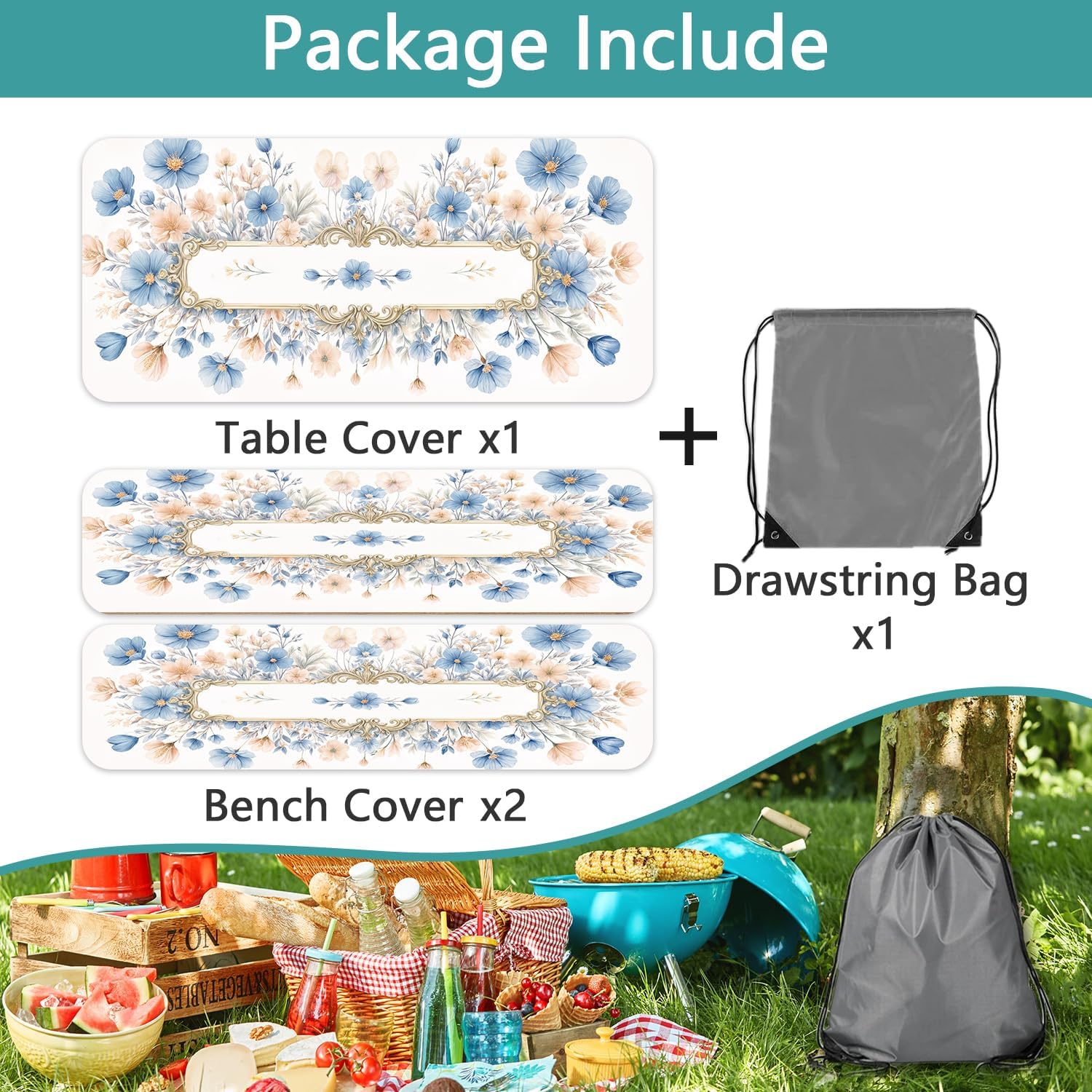 72in Rustic Farmhouse Blue Floral Picnic Table Cover with Bench Covers, Waterproof Elastic Fitted Tablecloth for Camping, Patio Outdoor Parties, Blue Daisy Flower Design with Drawstring Bag