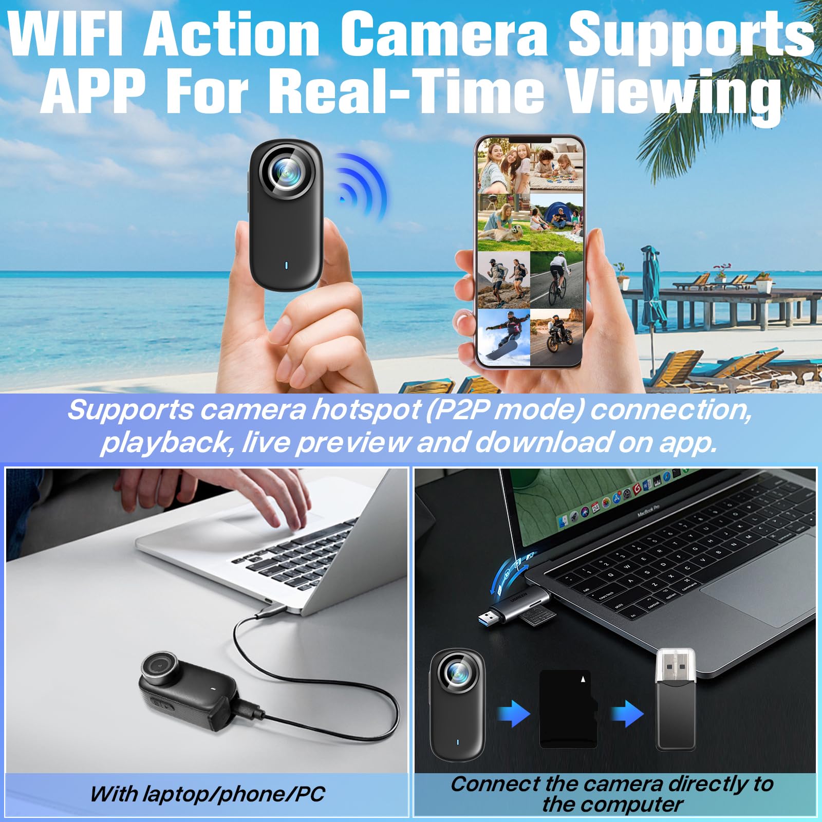 Action Cam 4K WiFi, mini videocamera per casco 150° e display da | 1000 mAh 3 ore di registrazione, magnete e accessori, app Viidure, IP65, registrazione verticale 2K durante la ricarica
