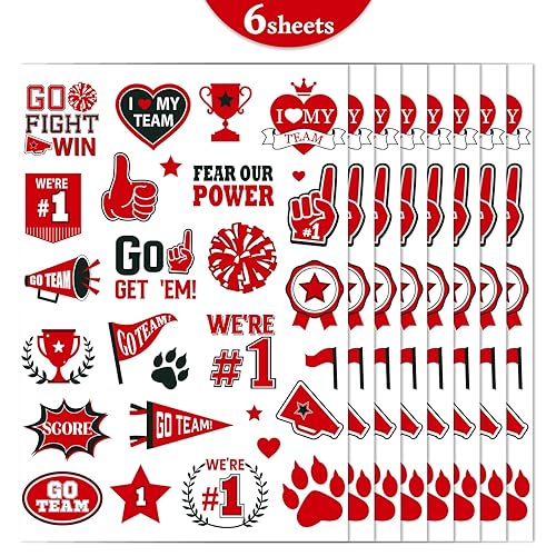Red Team Spirit Temporary Tattoos, 180 Pcs Glitter Red Team Spirit Accessories, Football Sports Teams Face Body Tattoo Stickers for Cheerleading Teams Sports Games Supplies Classroom Prizes(Red)