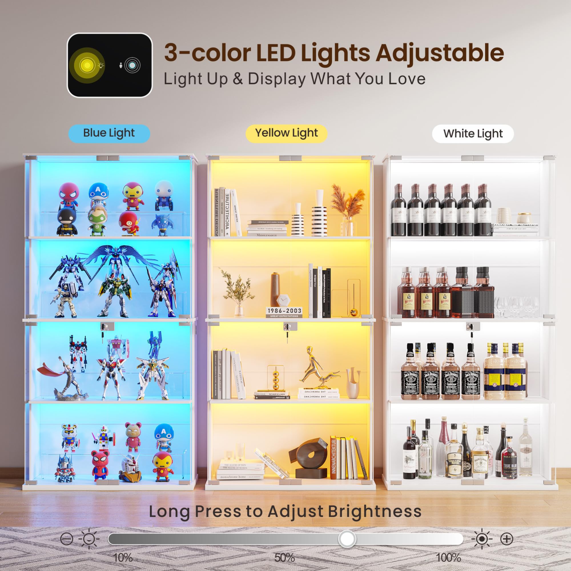 Lvifur Vitrina con iluminación LED y Puertas de Cristal para coleccionables y vinos, 35×70×168 cm, 4 Niveles, con sensores Inteligentes para salón o Dormitorio, Blanca