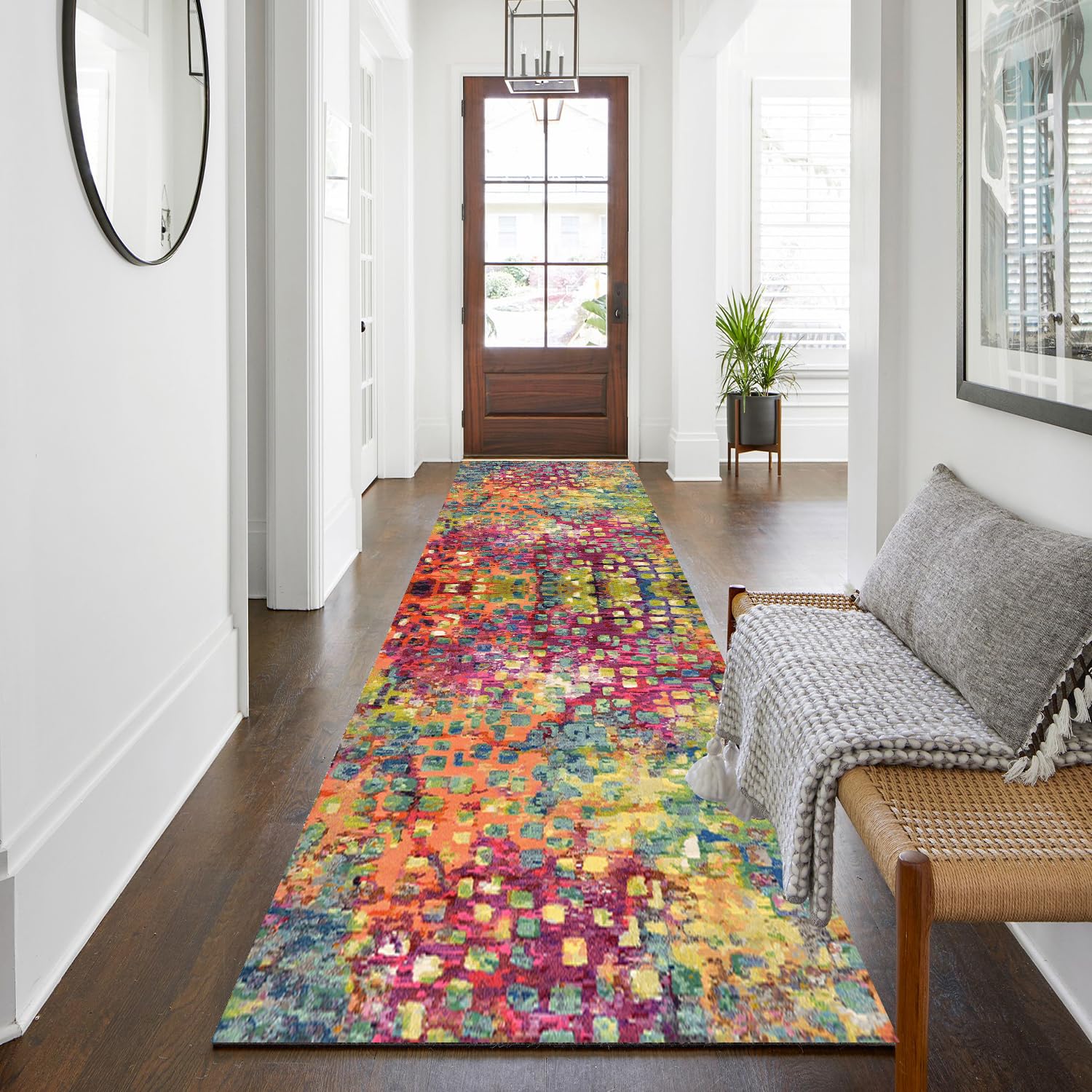 WTHYGB Teppich Läufer 80 x 250 cm, rutschfest Waschbar Teppichläufer, Küchenläufer Abstraktes Design für Eingang, Küche, Wohnzimmer & Büro, Bunte Punkte