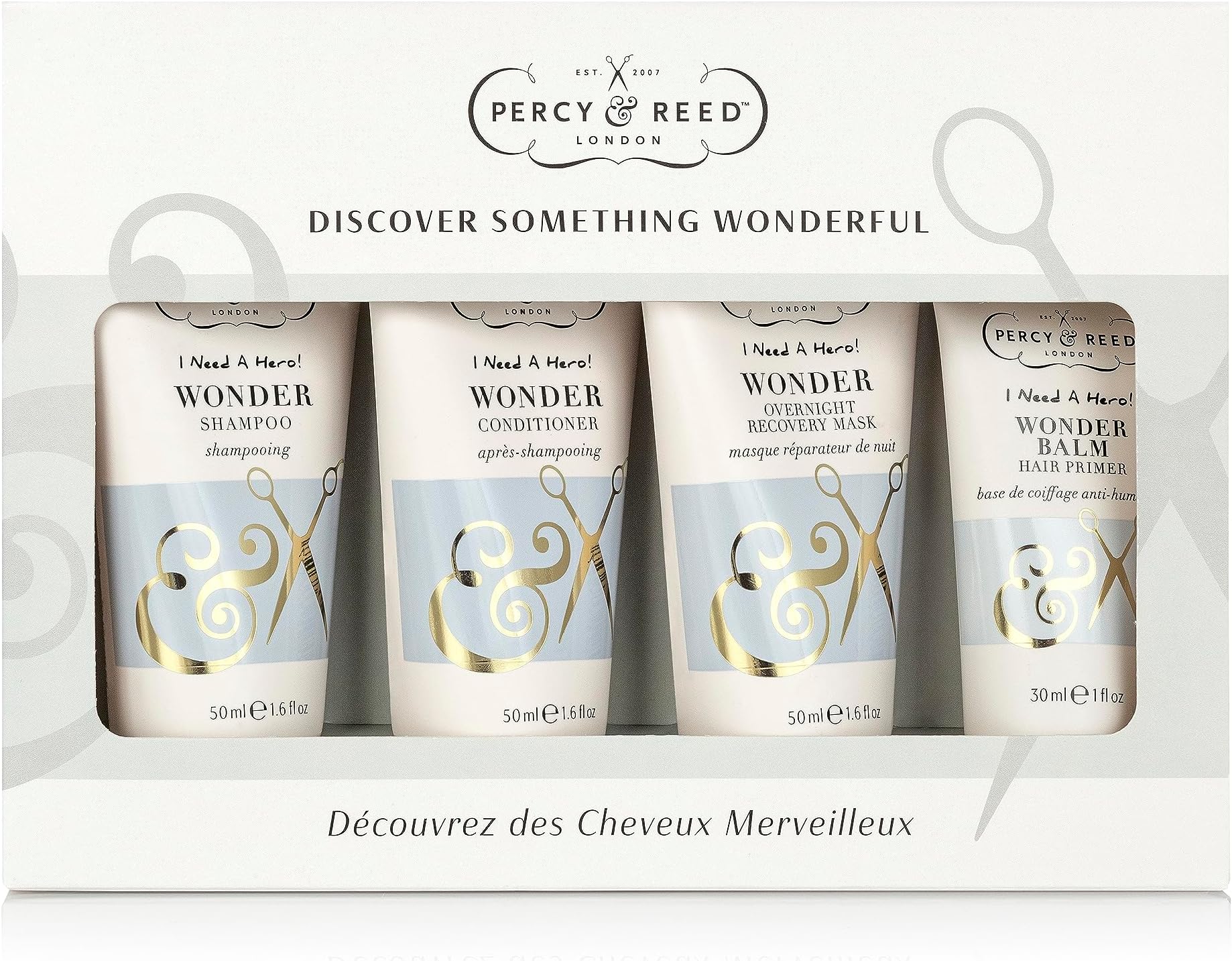 Percy & ReedI Need A Hero! Discover Something Wonderful Gift Set - Complete Hair Care Gift Set 4-In-1 - Includes Wonder Range Shampoo, Conditioner, Hair Balm, Overnight Recovery - Great Gift for Her