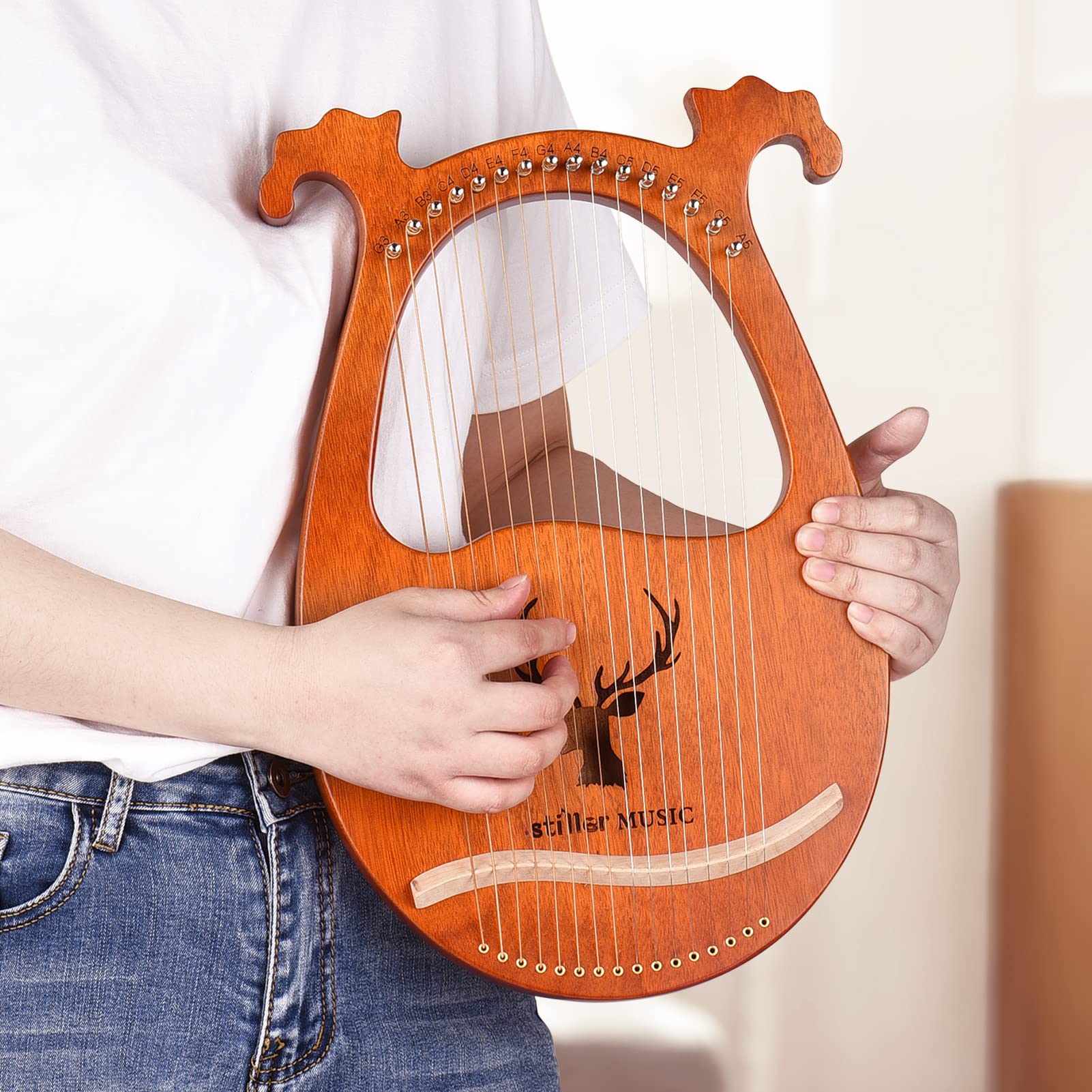 Jeffergarden Arpa de Lira de 16 Cuerdas, Instrumento Musical de Madera Maciza con Patrón de Alce, Símbolos Fonéticos Tallados, Martillo de Afinación y Juego de Repuesto de Cuerdas, para