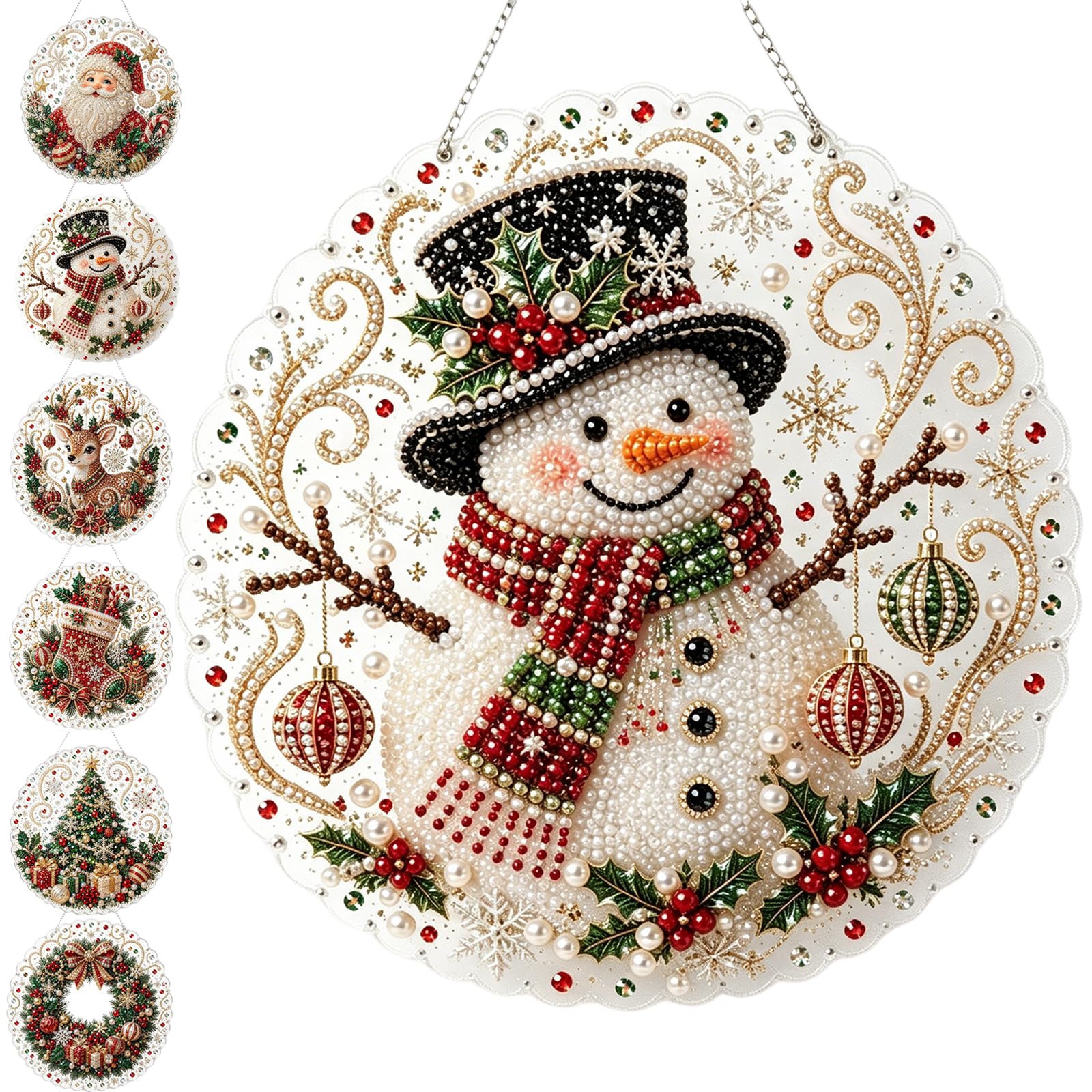 Christmas Pearl Diamond Painting Suncatcher Kit – DIY Pearl Art Kits for Adults, 5D Round Drill Holiday Window Decor, Relaxing Creative Craft Gift for Beginners ，Snowman