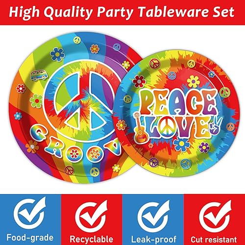 Miniatura 3 de Juego de 96 piezas de vajilla hippie de fiesta de los años 60, platos hippies groovy, servilletas de los años 60, decoraciones de fiesta temática