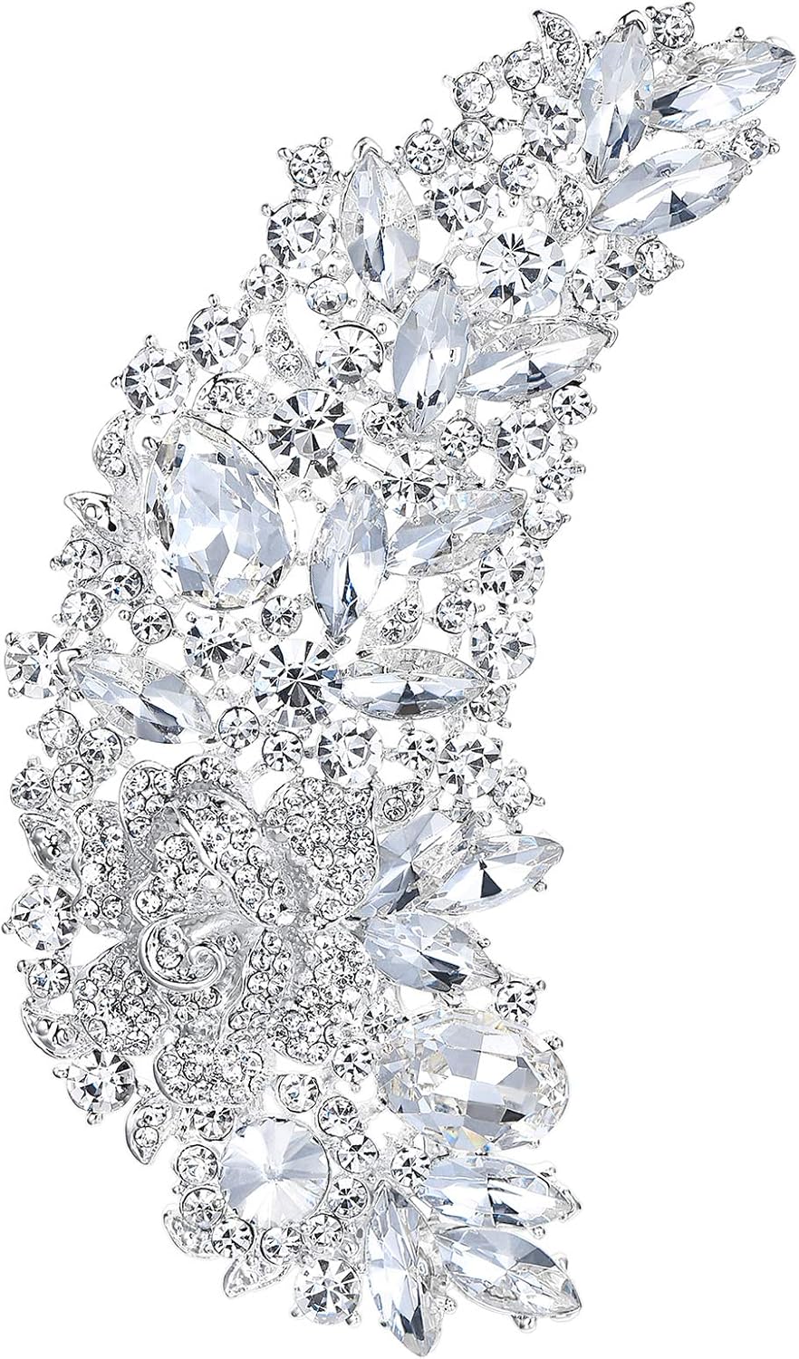 EVER FAITH 5 Inch Bridal Silver-Tone Flower Bouquet Brooch Austrian Crystal