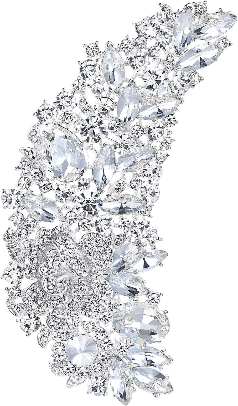 5 Inch Bridal Silver-Tone Flower Bouquet Brooch Austrian Crystal