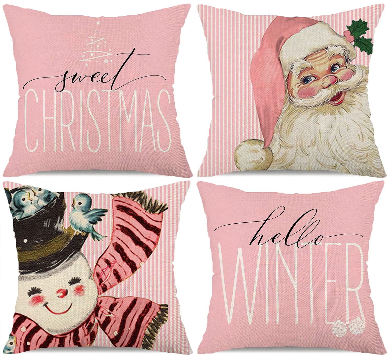 Faromily Pink Stripe Christmas Pillow Covers 18x18 Set of 4 Snowman Santa Claus Throw Pillow Cases Hello Winter Holiday Outdoor Cushion Covers for Sofa Farmhouse Christmas Decorations