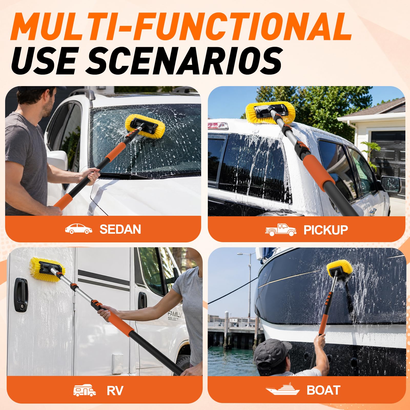 SISUPASSIE Cepillo de lavado de coche, cepillo telescópico de lavado de coche de 16 pies con mango largo, cepillo de limpieza de cerdas suaves de 12 pulgadas para limpiar coches, caravanas, camiones