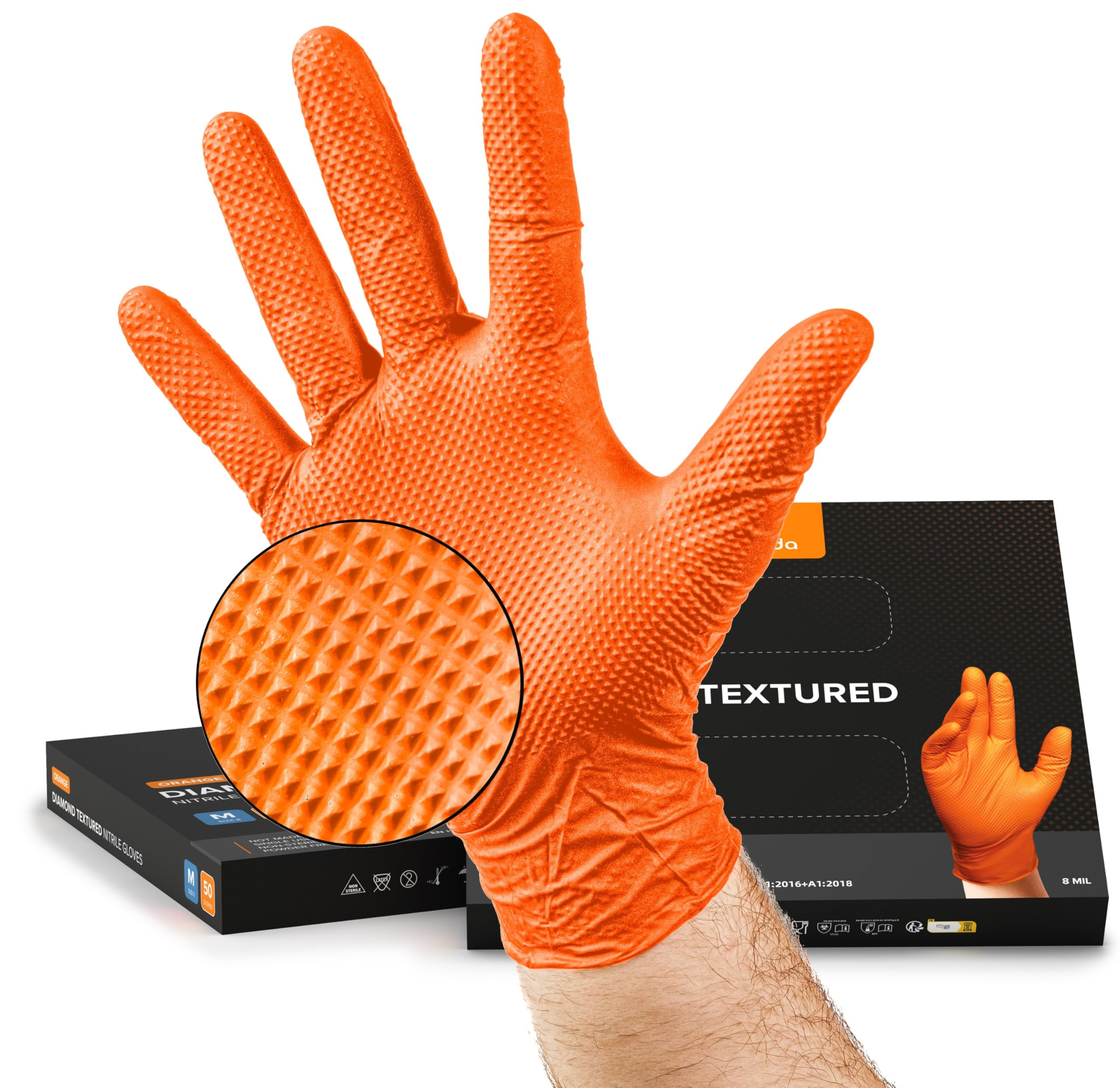 NIMEDA Gummihandschuhe Einweg M Orange 50 Stück Nitrilhandschuh 2-3 x dicker Einmalhandschuh Arbeitshandschuh puderfrei latexfrei mit Diamant Grip | Größe M