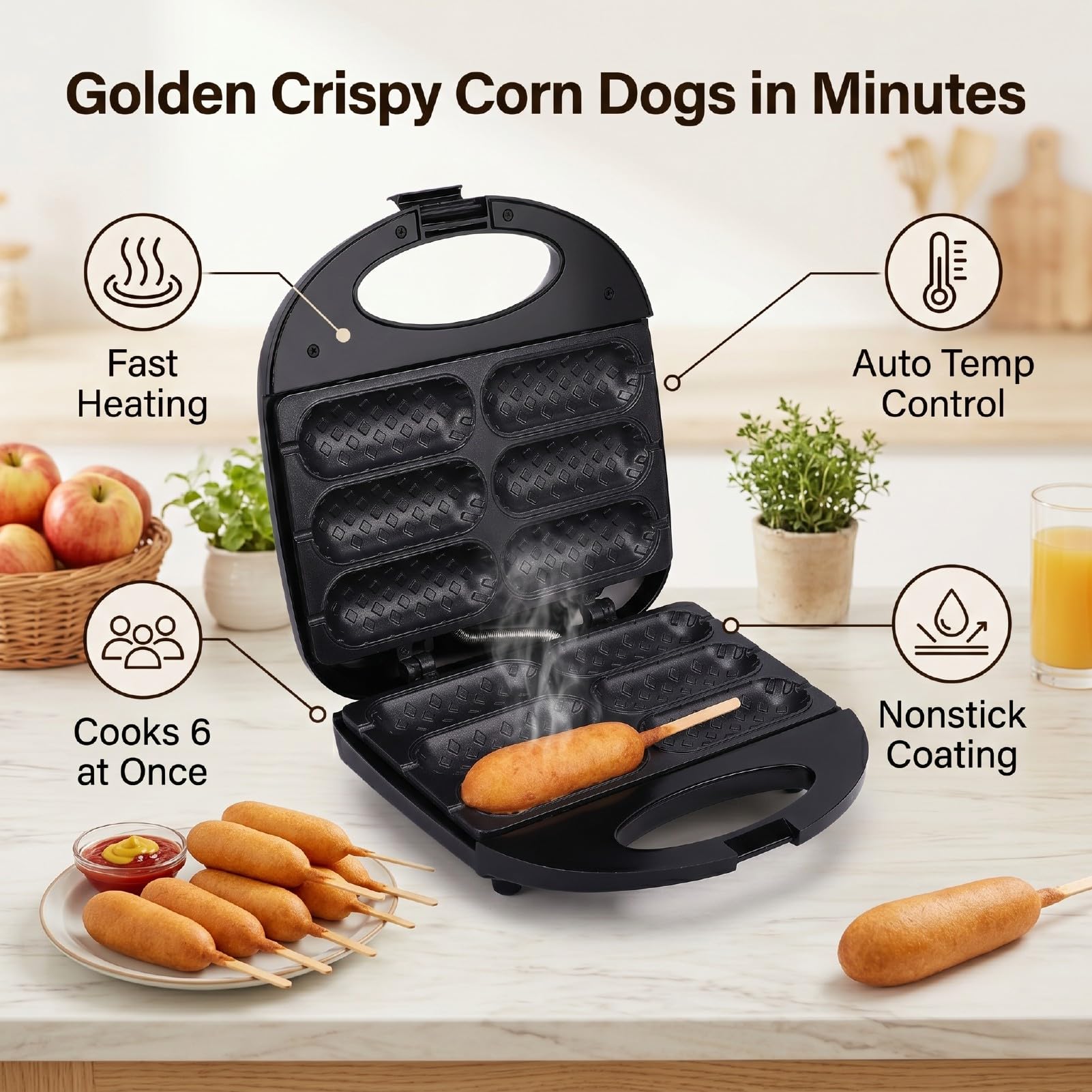 Qcwwy Corn Dog Maker, Mini Hotdog Waffeleisen, 750 W, für 6 Mini Corn Dogs, for Haushalt und Küche (EU-Stecker 220V)