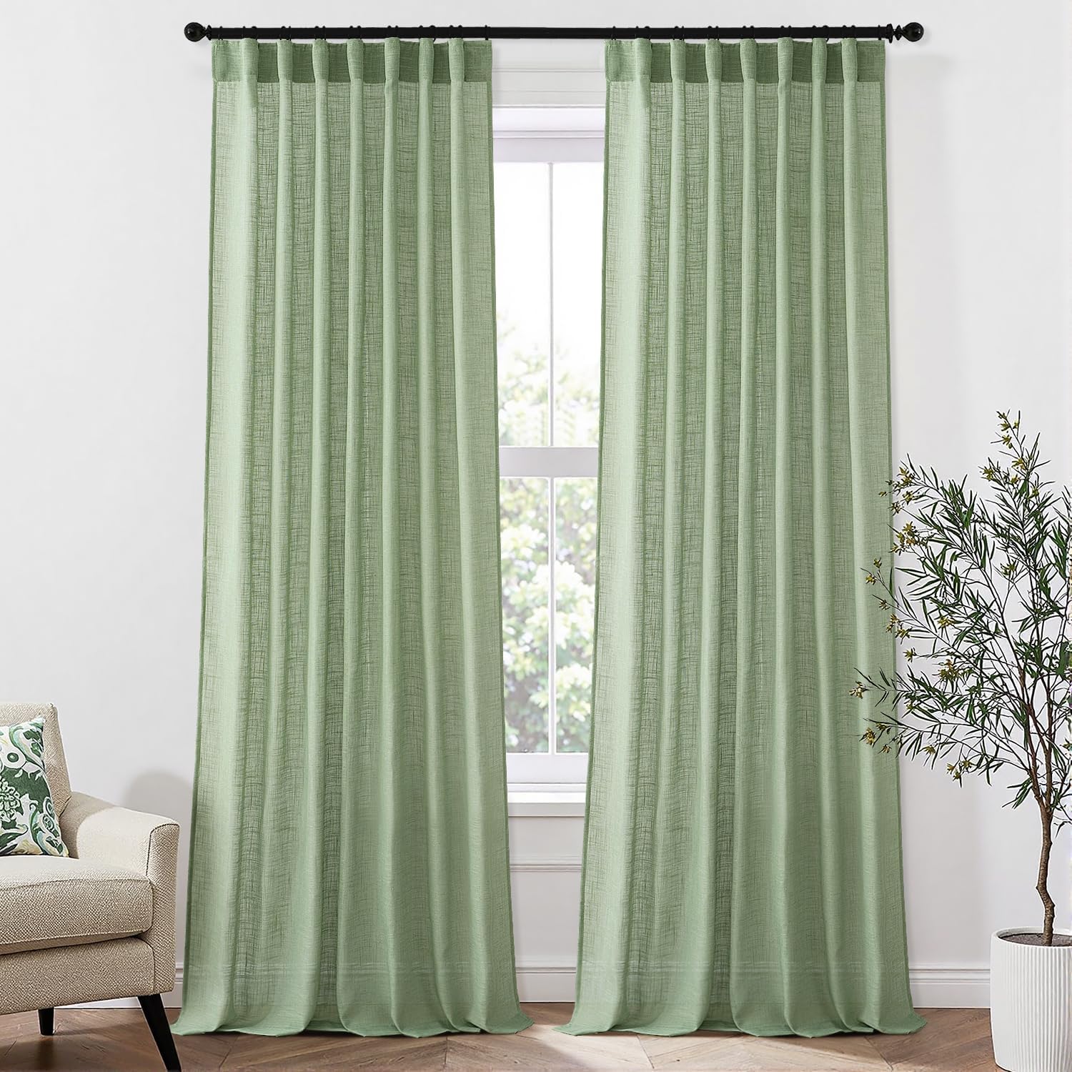 MIULEE Sage Green Linen Curtains 84 Inches Long 2 Panels for Bedroom Living Room, Back Tab & Pleat Tape Soft Thick Linen Textured Window Drapes Semi Sheer Light Filtering Farmhouse Burlap Look Decor