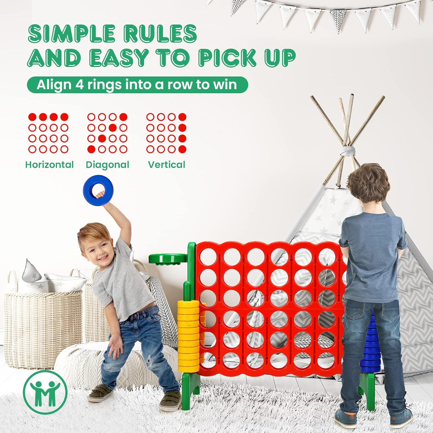 HONEY JOY Jumbo 4-to-Score Giant Game Set, 3-in-1 Indoor Outdoor Family Yard Game Set w/Basketball Hoop & Ring Toss, 42 Jumbo Rings, Quick-Release Slider, Giant 4-in-A-Row for Kids & Adults