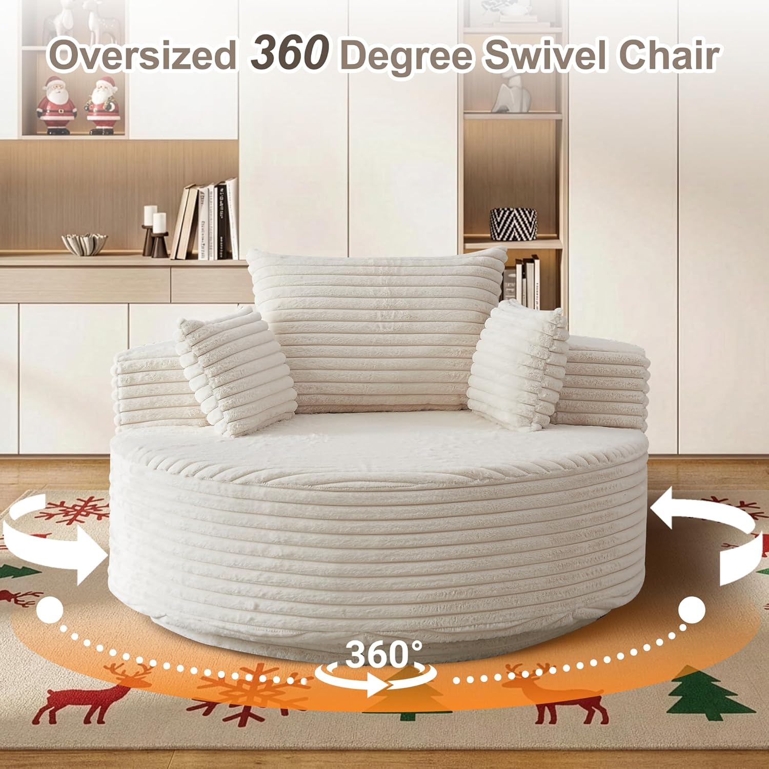 55" Oversized 360 Degree Swivel Chair, Modern Round Chair Lounge Upholstered Corduroy Swivel Accent Chair with Deep Seat, Comfy Fluffy Sleeper Sofa for Living Room Bedroom Apartment (Beige)