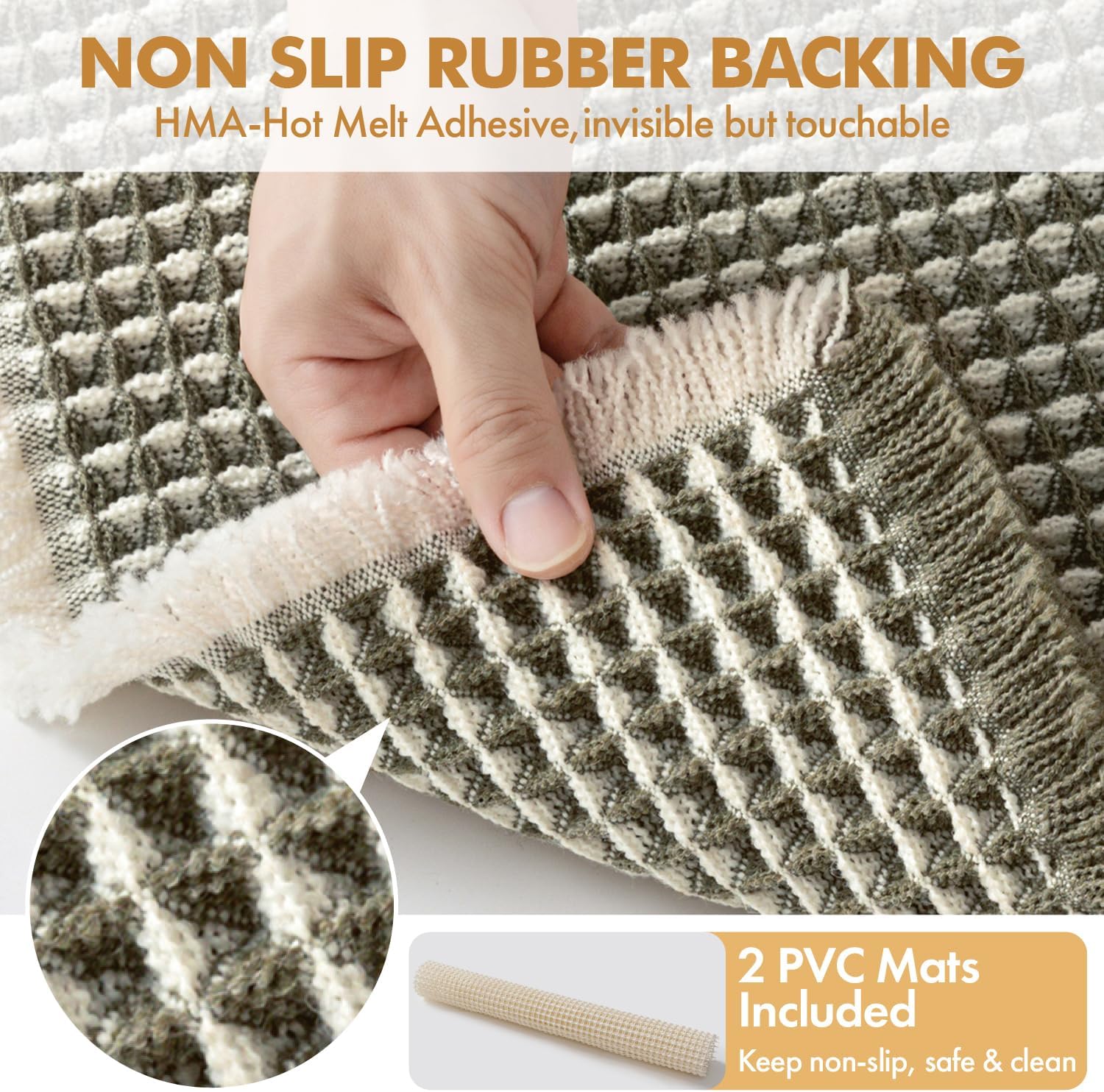  Set of 2 Waffle Bathroom Rugs Boho Bath Mat Green&Cream 18x30 Inch | Non Slip, Super Absorbent, Washable, Ultra Soft, Rubber Backed Bath Rugs for Bathroom Floor Tub Shower thumbnail