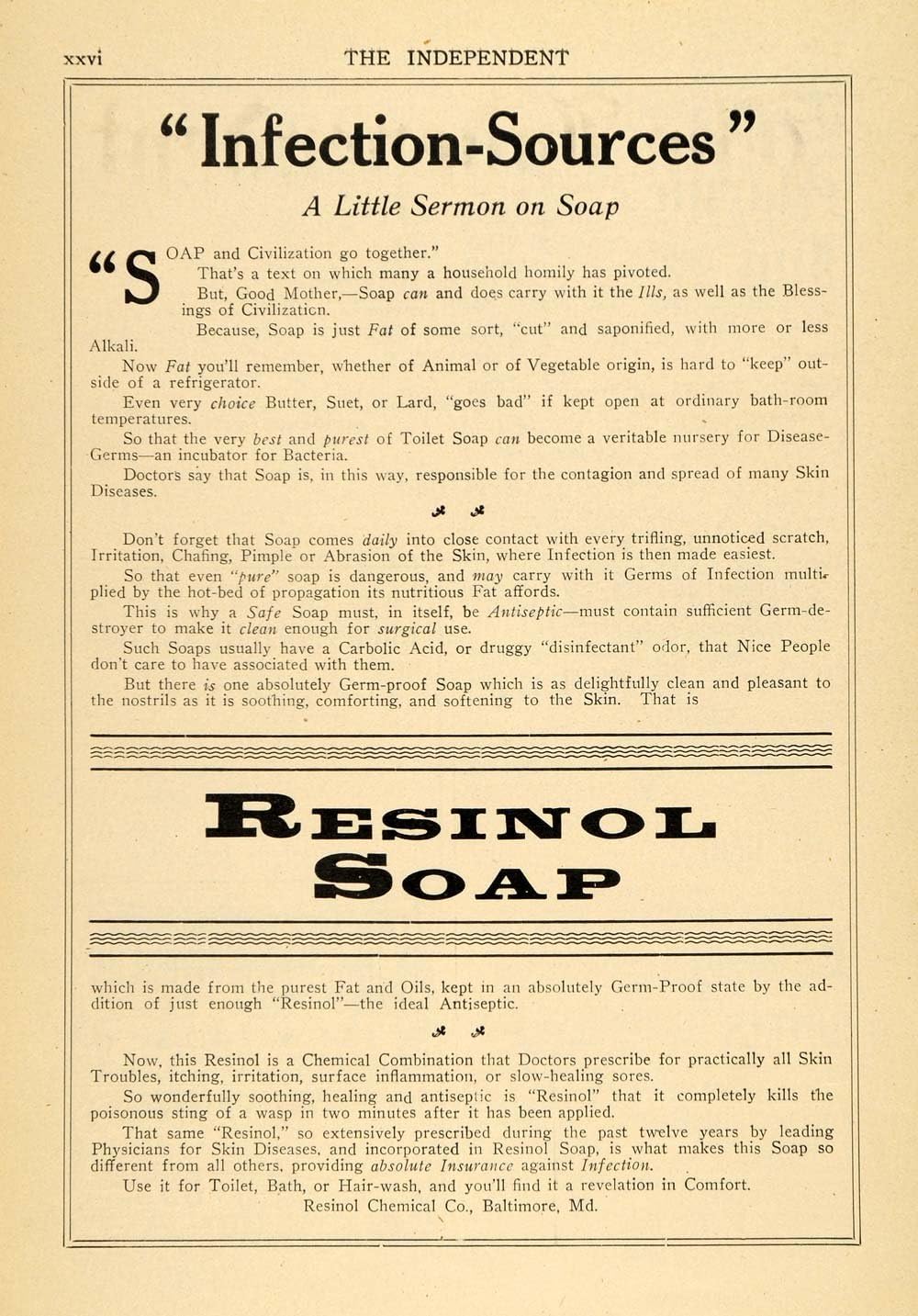 1909 Ad Resinol Soap Antiseptic Toilet Bath Baltimore