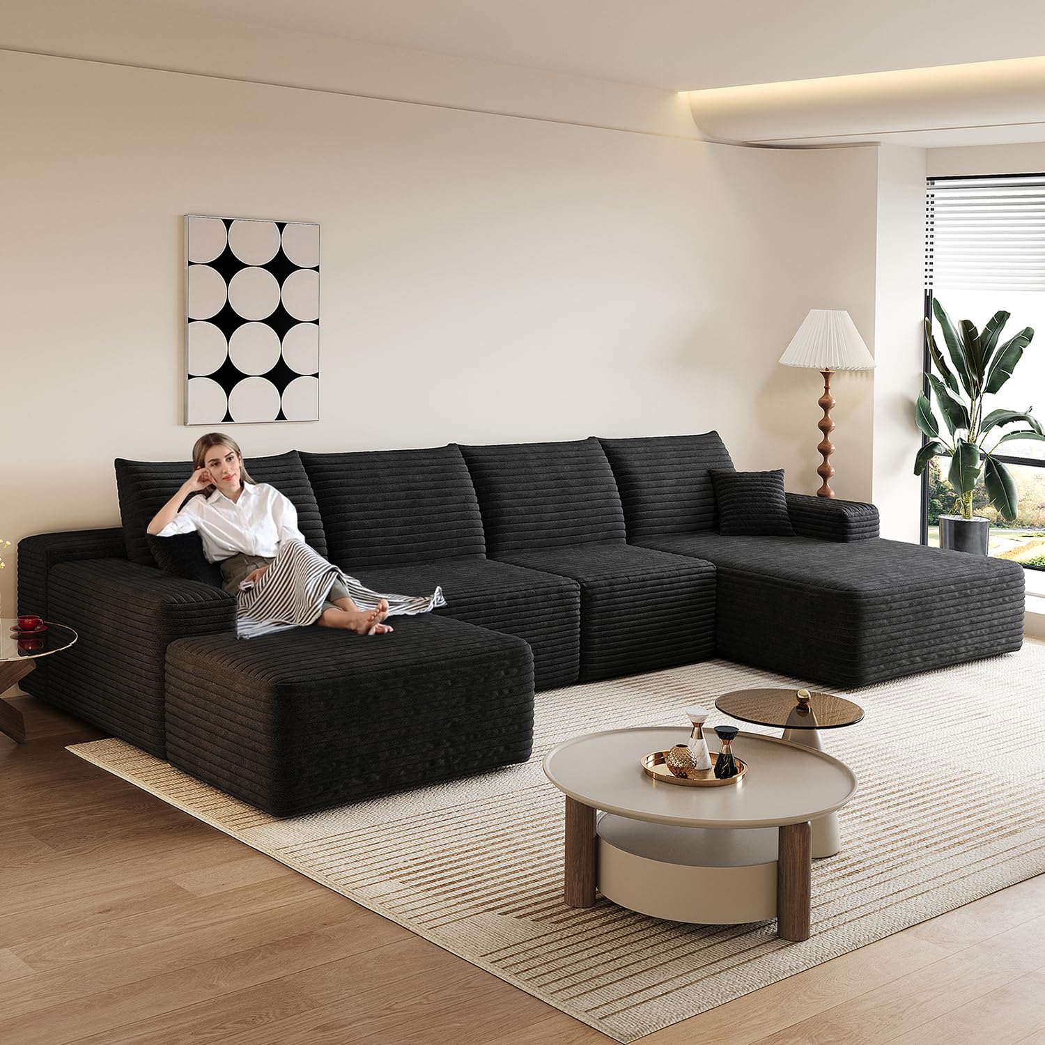 135.4" Comfy U-Shaped Sectional Modern Boneless Corduroy Couch with Chaise ?and Ottoman? - No Assembly Required! Deep-Seat, Upholstered Modular Cloud Sofa for Living Room, Plush Corduroy Fabric ?(3 boxes, missing hardware)