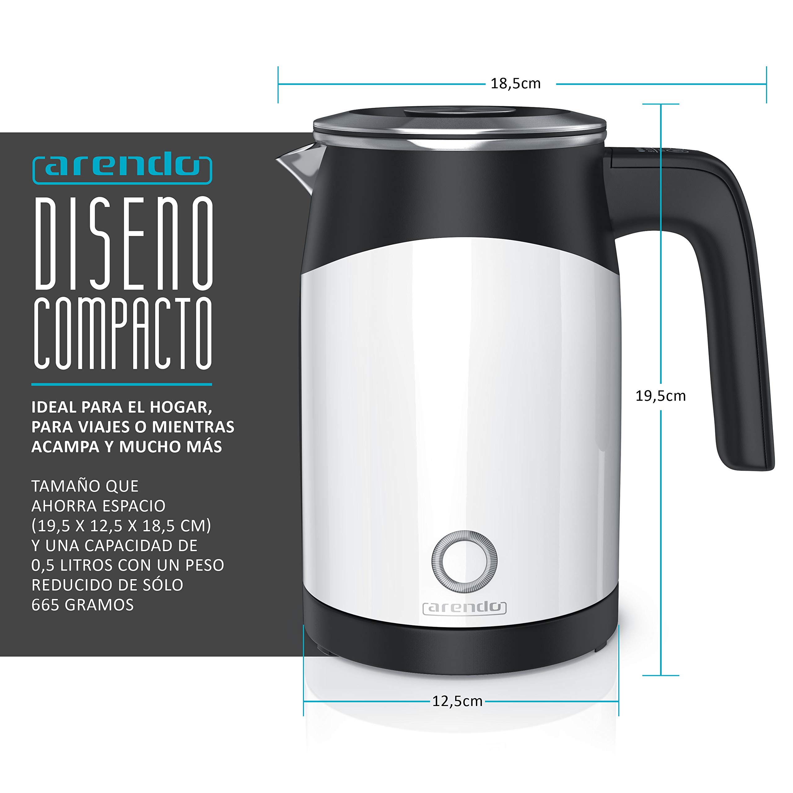 Arendo - Hervidor de agua 0,5 litro - Temperatura seleccionable 50 70 80 90 100 grados - Desconexión automática - Protección contra sobrecalentamiento - Sin BPA