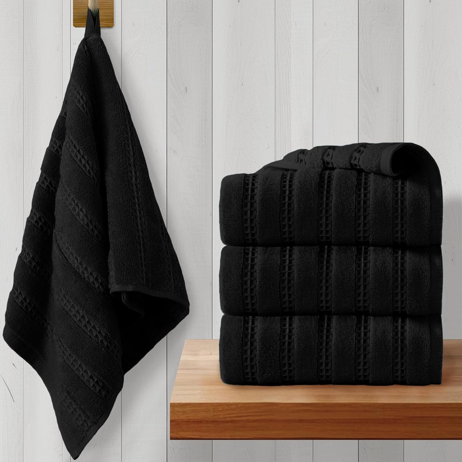 Black Waffle Kitchen Towels Set of 4, 13"x30" - 100% Cotton | Light |Quick Dry | Absorbent, Kitchen & Bathroom Hand Towels with Hanging Loops ,Upgrade Waffle Weave Design for Daily Use & Guest Use
