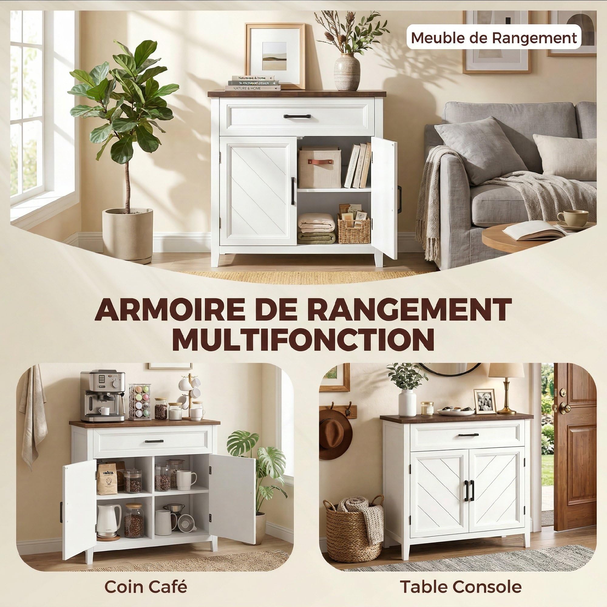HOMCOM - Aparador para salón (76 x 35 x 80 cm), color blanco | Mueble de almacenamiento, 2 puertas de Chevron, estilo rústico, aparador comedor, cocina
