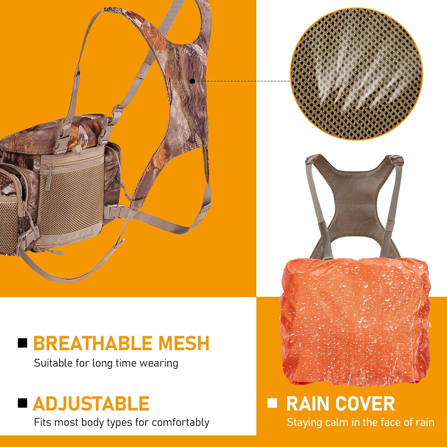 NEW VIEW CamoSltealth双眼鏡ハーネスチェストパック、サイレント双眼鏡とレンジファインダーハーネス レインカバー付