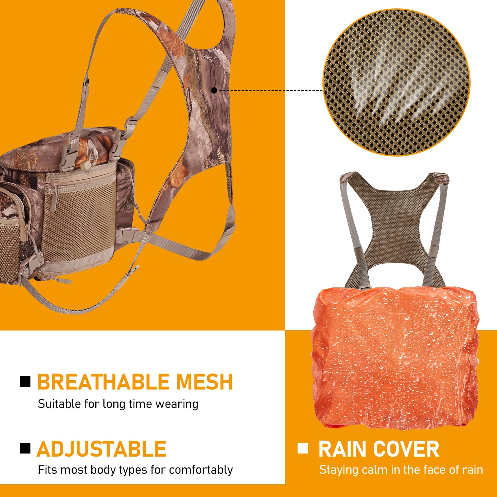 NewView Harnais Binocular avec sac de télémètre amovible, sangle bino réglable et protection contre la pluie - Idéal pour la chasse, la randonnée et l'observation des oiseaux - Quiet-L