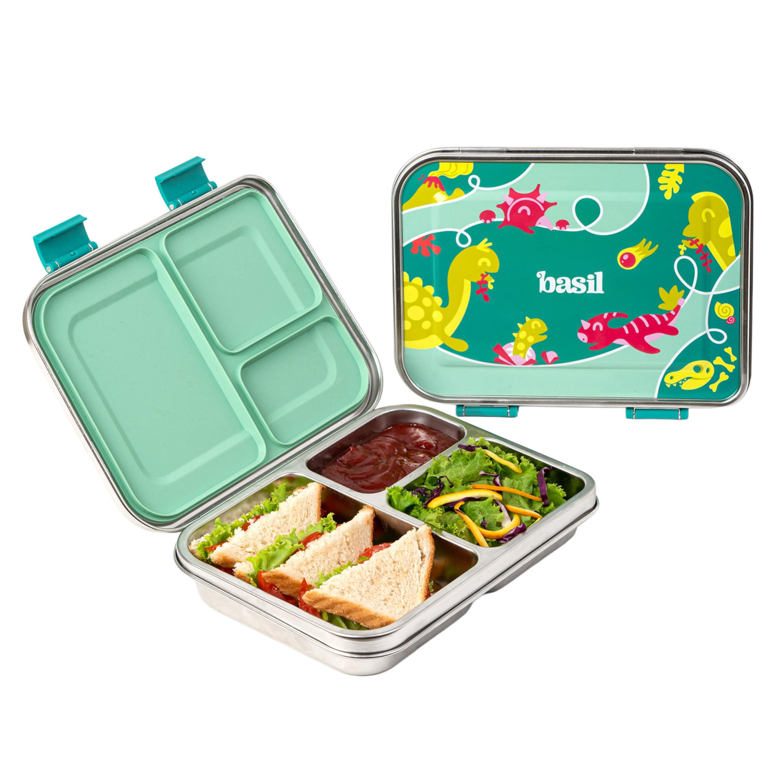 Basil Bento Box Neo 2025 - New & Improved, Easy to Open & Close 1000ml 3-Compartment Stainless Steel Lunch Box for Kids | Leak-Proof Tiffin Box for School - Hocus Docus
